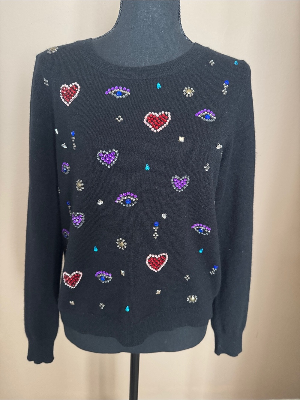 Halogen Black Cashmere with appliqués Crew Neck Sweater